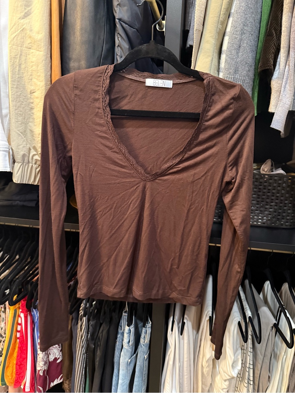 Belen Women's Chocolate Brown Lace-Trim V-Neck Long Sleeve Top